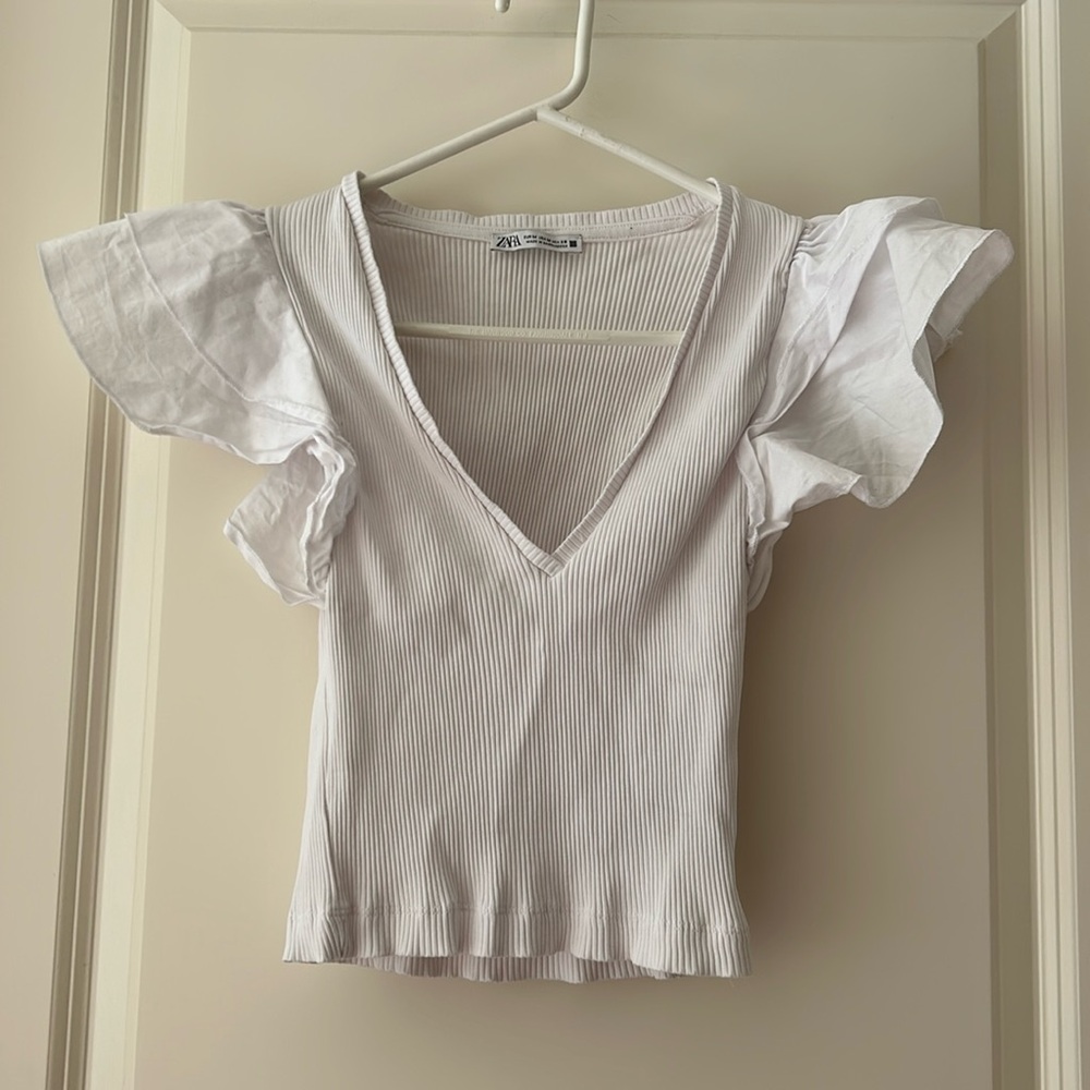 Zara womens ribbed cropped BodyCon ruffle cap sleeves stretchy top size M white